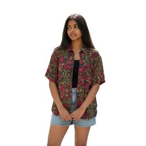 4200 Koala Vintage Floral‎ Rayon Button Down Shirt Medium Pink Tan Navy